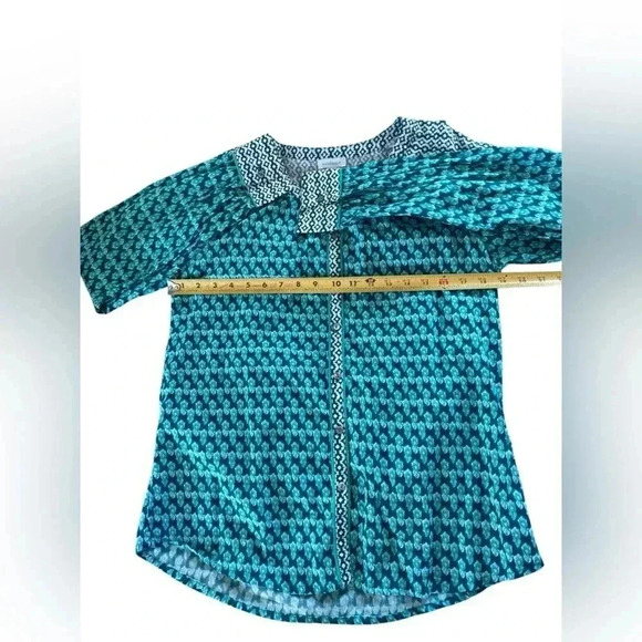 SUNDANCE Blouse Women's Size M Teal White Cotton Contrast Patterns Long Sleeve - Picture 12 of 13